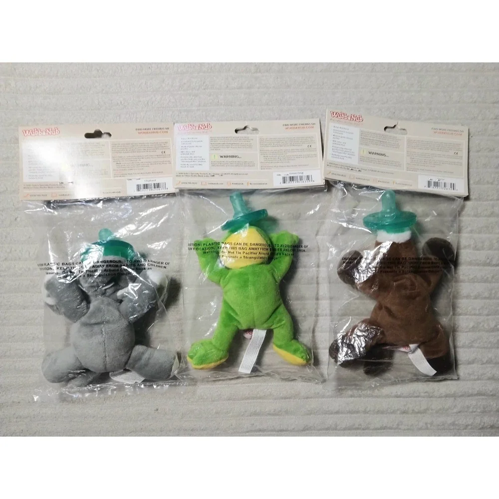 2010 Wubbanub Gray Elephant/ Frog/ Horse Silicone Pacifier Buddy Plush Lot NEW!!